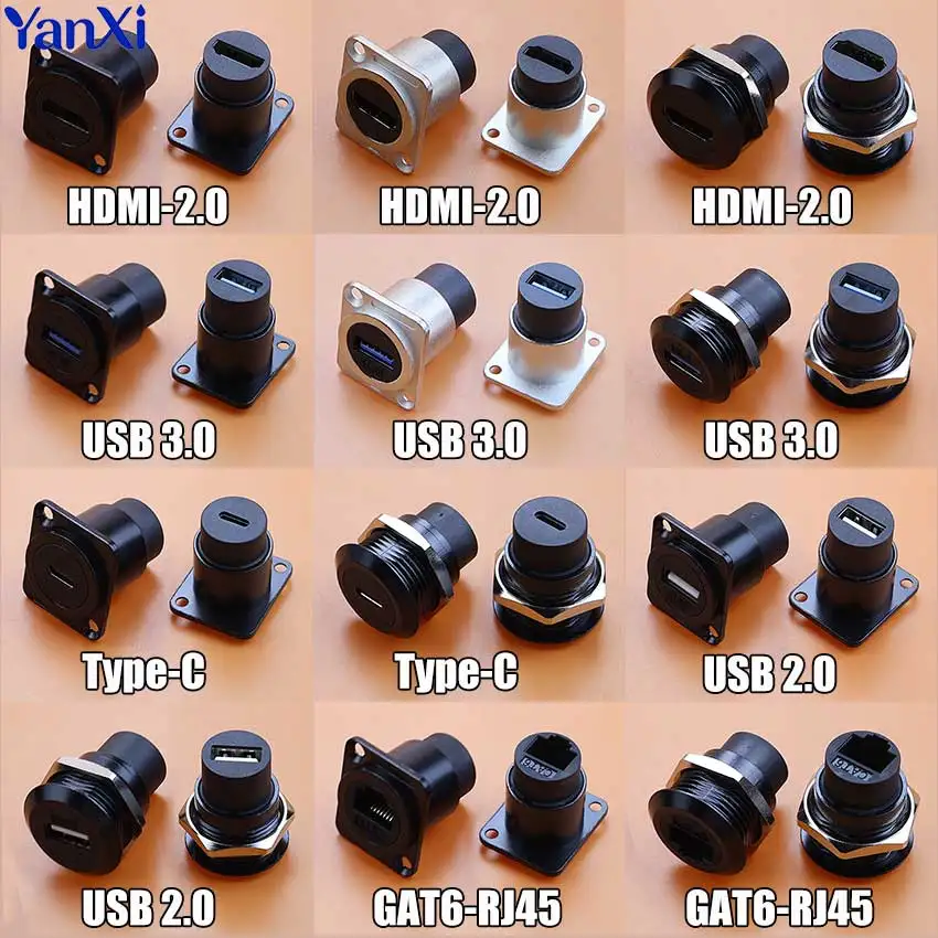 1pcs Metal D Type Module RJ45 CAT6 USB 2.0 3.0 Type C HDMI-2.0 Jack Socket Through Network Panel Mounting Electronic Connector