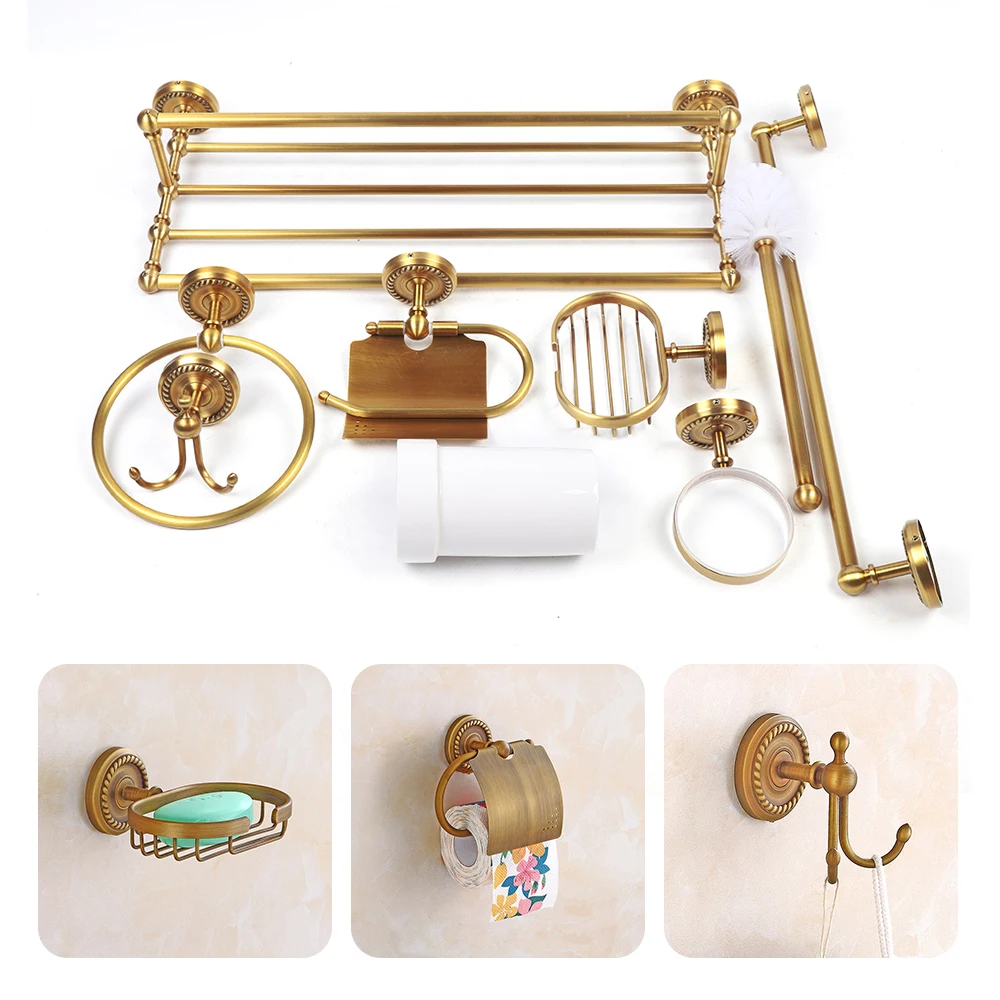 7PCs Copper Bathroom  Wall Mount Pendant Set Toilet Hardware Pendant Towel Rack Combination  Hanger Hook  Paper/Brush Holder She