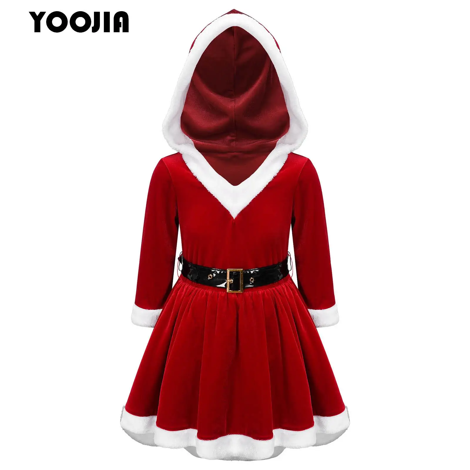 

Girls Christmas Santa Claus Cosplay Costumes Red Velvet Hooded Princess Tutu Dress Long Sleeves New Year Xmas Party Dress Up