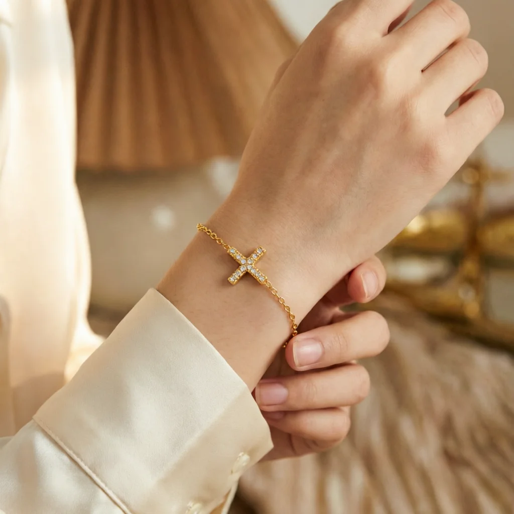 Kreuz-Armband mit weißen Zirkonen, Edelstahl, zierliche dünne Kette, minimalistisches, elegantes, trendiges Damen-Schmuckstück