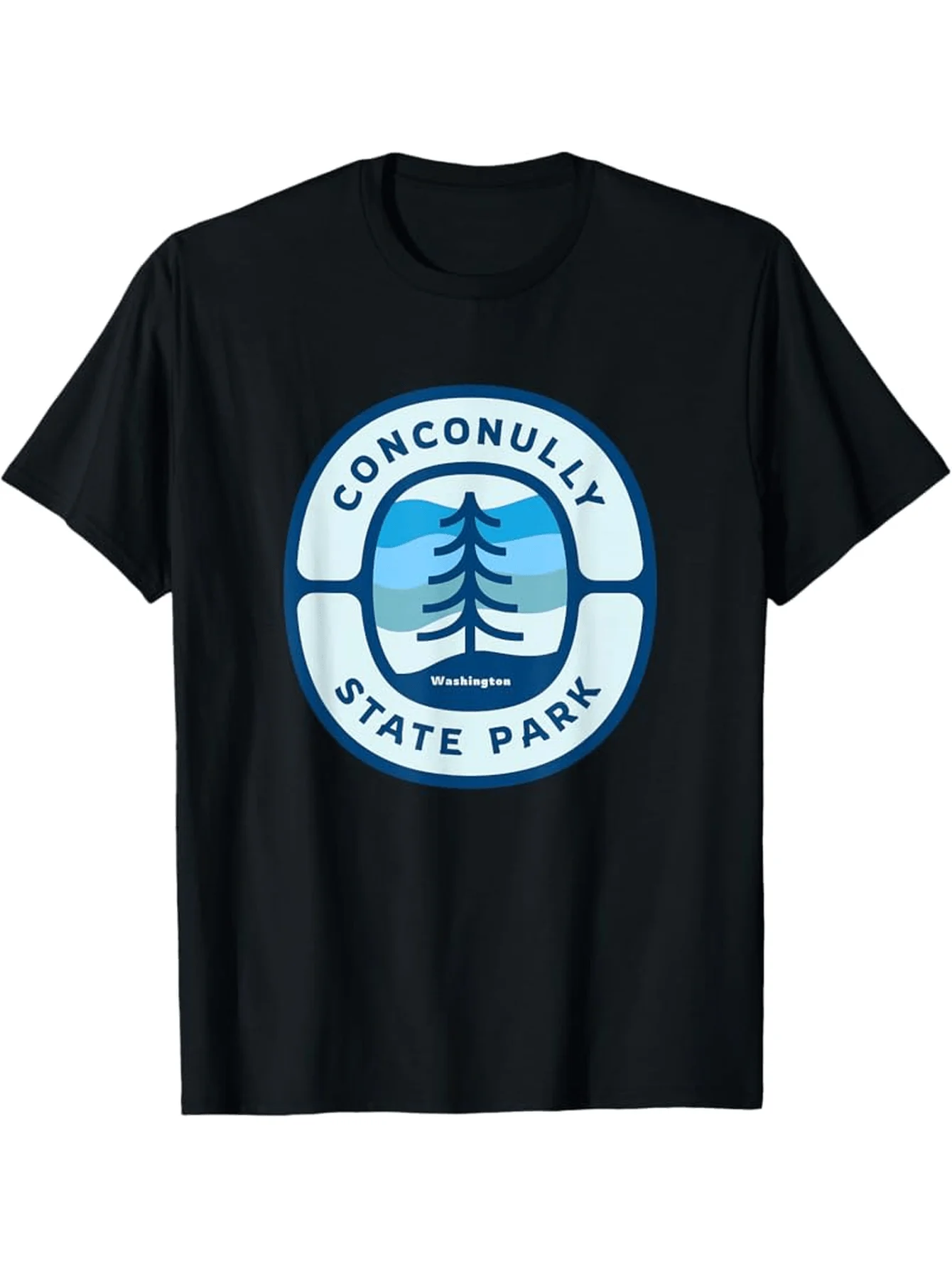 Vintage Men's Black Graphic T-Shirt Conconully State Park Pine Tree Lake Mountain Washington Badge Print 100% Cotton Heavyweight Short Sleeve Casual Streetwear Tee