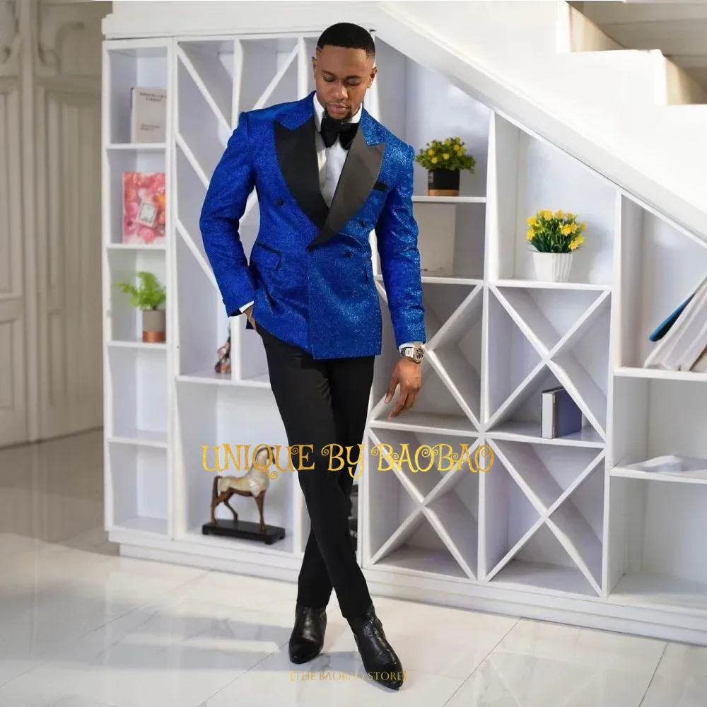 Vestido de novia con purpurina azul real para hombre, conjunto adelgazante de 2 piezas (chaqueta + pantalones negros), esmoquin a medida con solapa