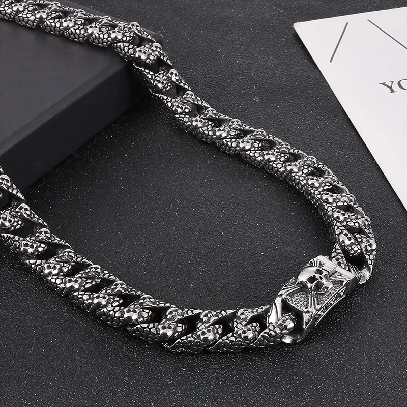 Fongten 70cm Skeleton Neckalce For Men Stainless Steel Heavy Skull Chain Men\'s Choker Necklace Gothic Silver Color Jewelry