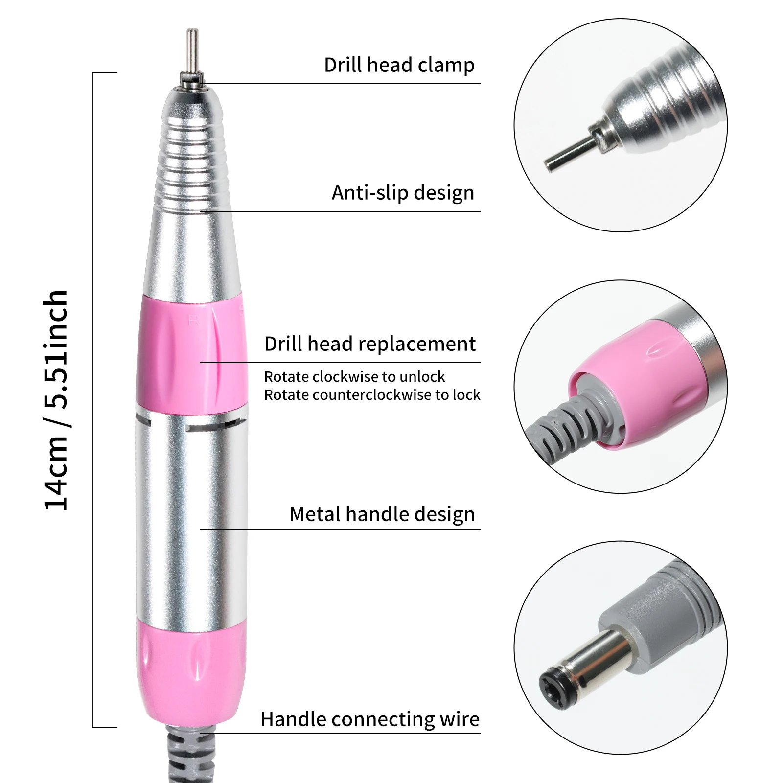 Electric Nail Drill Pen DC & 5 PIN PLUG for 20000-45000RPM Nail Drill Accessories Handle File Polish Grind Machine Manicure Tool