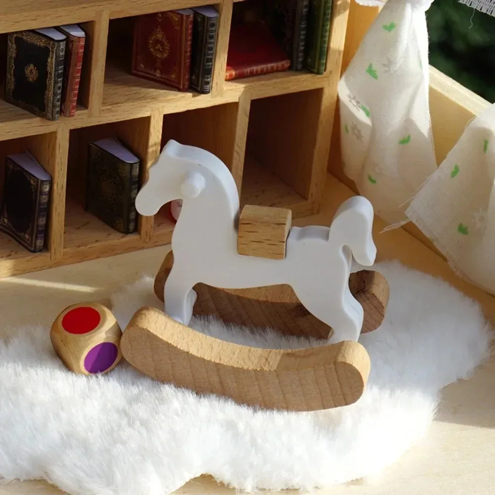 1/12 Scale Mini Wooden Rocking Horse Model Simple Wooden Toy Doll Decor Accessories Dollhouse Mini Ornaments