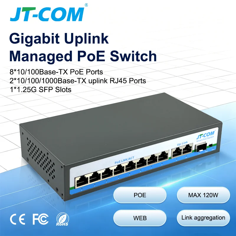 L2- Managed PoE Ethernet Switch,8Port 100M PoE,2 Port 1000M RJ45,1 SFP Slot Gigabit Network Switch for Security IP Camera System