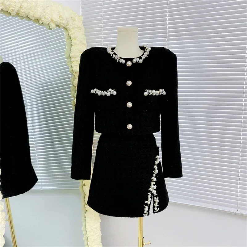 2024 Fall Winter Women Long Sleeve Beading Pearls Button Pockets Jacket Mini A-line Tweed Skirt Two Piece Black Skirt Sets