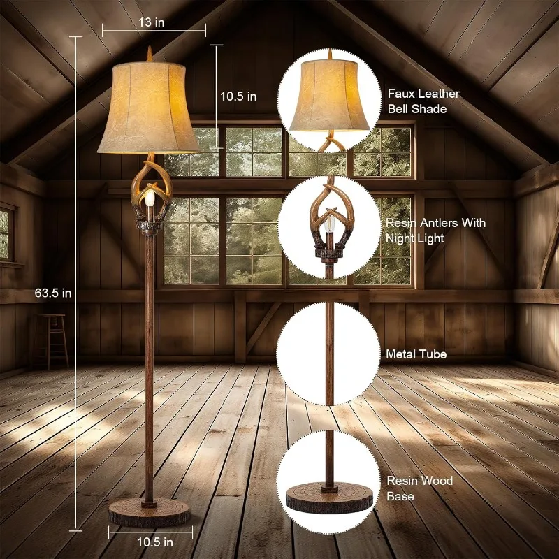 Imagem -06 - Rústico Antlers Floor Lamp com Acabamento Marrom Farmhouse Nightlight Round Shade Lamps Sala de Estar Quarto Escritório Estudo Casa