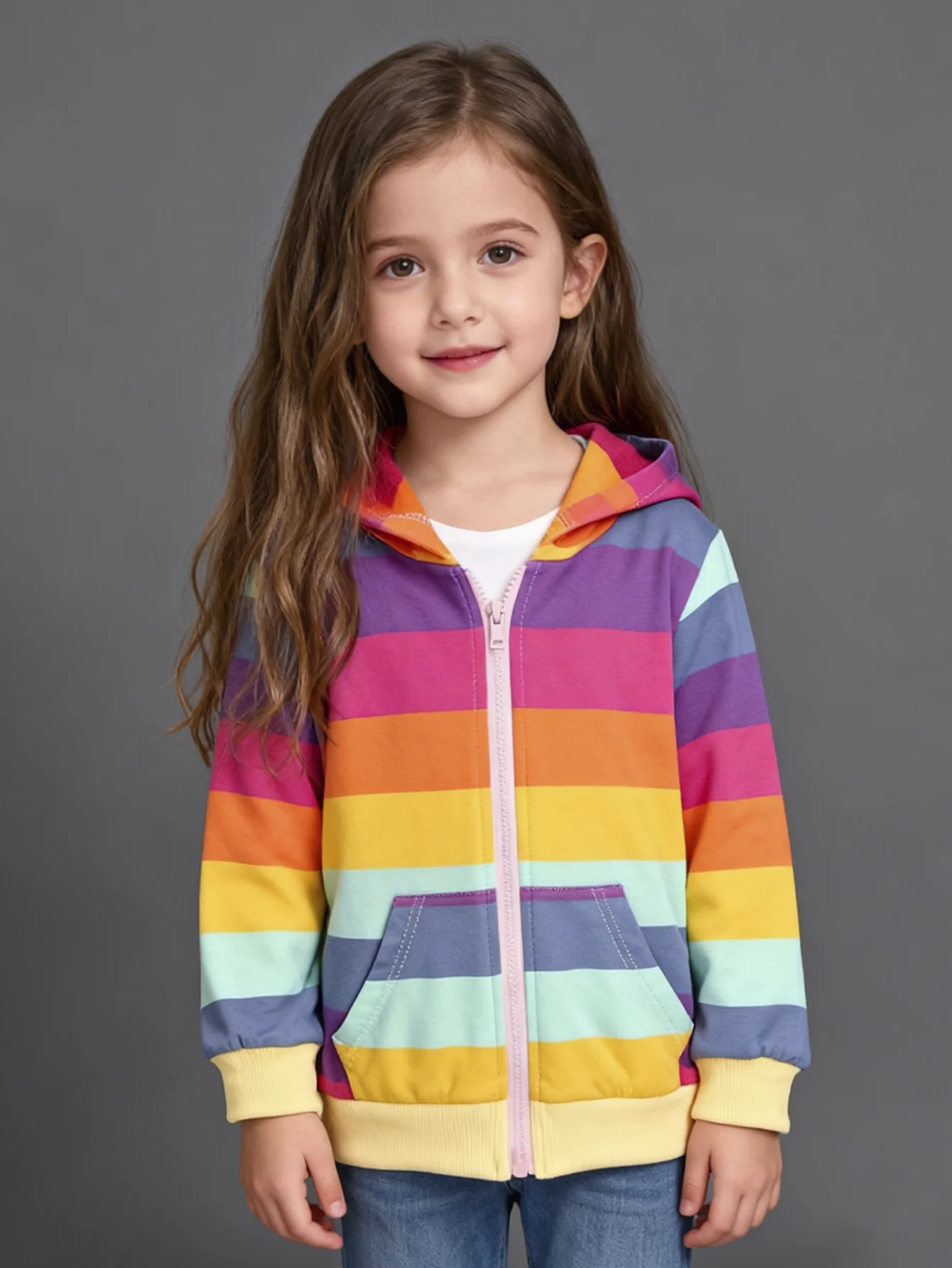 Mädchen Frühling Herbst Mode Kapuzenjacke mit Reißverschlusstasche Regenbogen-Streifen Personalisiertes Niedliches Design – Detail 2