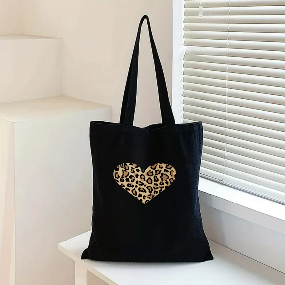 Leopard Print Heart Canvas Tote Bag Stylish Animal Print Shoulder Bag Fashion Lovers Trendy Outfits