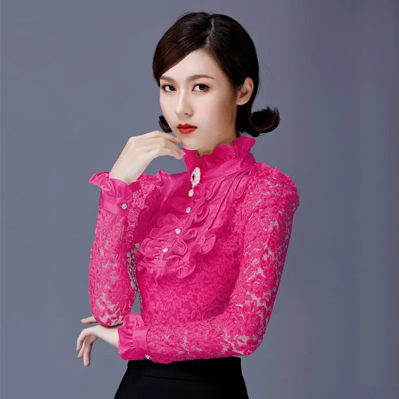 

Lace Ruffle Neck Top Women's Plush Lined Fitted Blouse Stylish Plus Size Fall Winter Layer