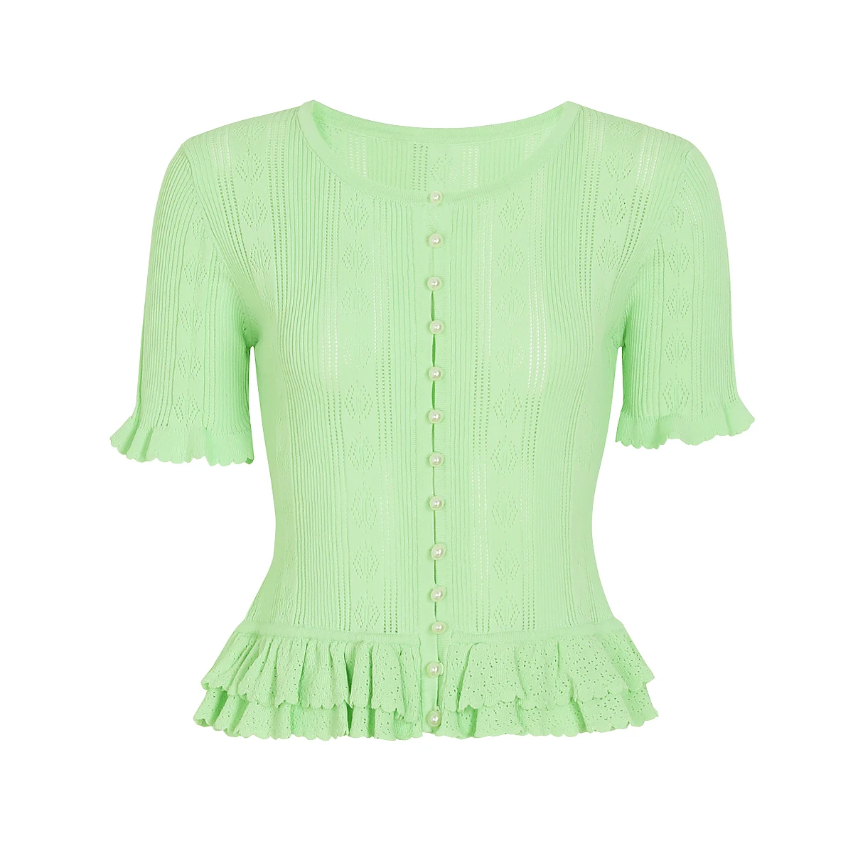 26131 High Version Summer New Versatile Elastic Knitted Button Short Sleeved Top Cardigan+slim Cut Hollow Half Skirt Women Set