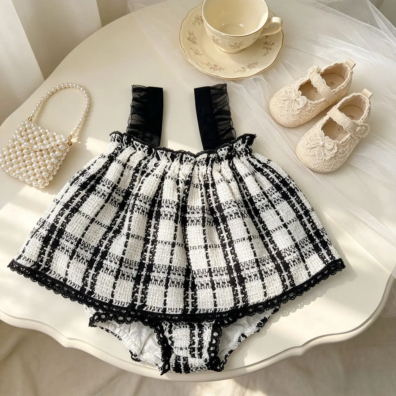 

2026 Summer New Baby Sleeveless Clothes Set Girls Cute Lace Sling Vest + Pp Shorts 2pcs Suit Toddler Princess Plaid Outfits