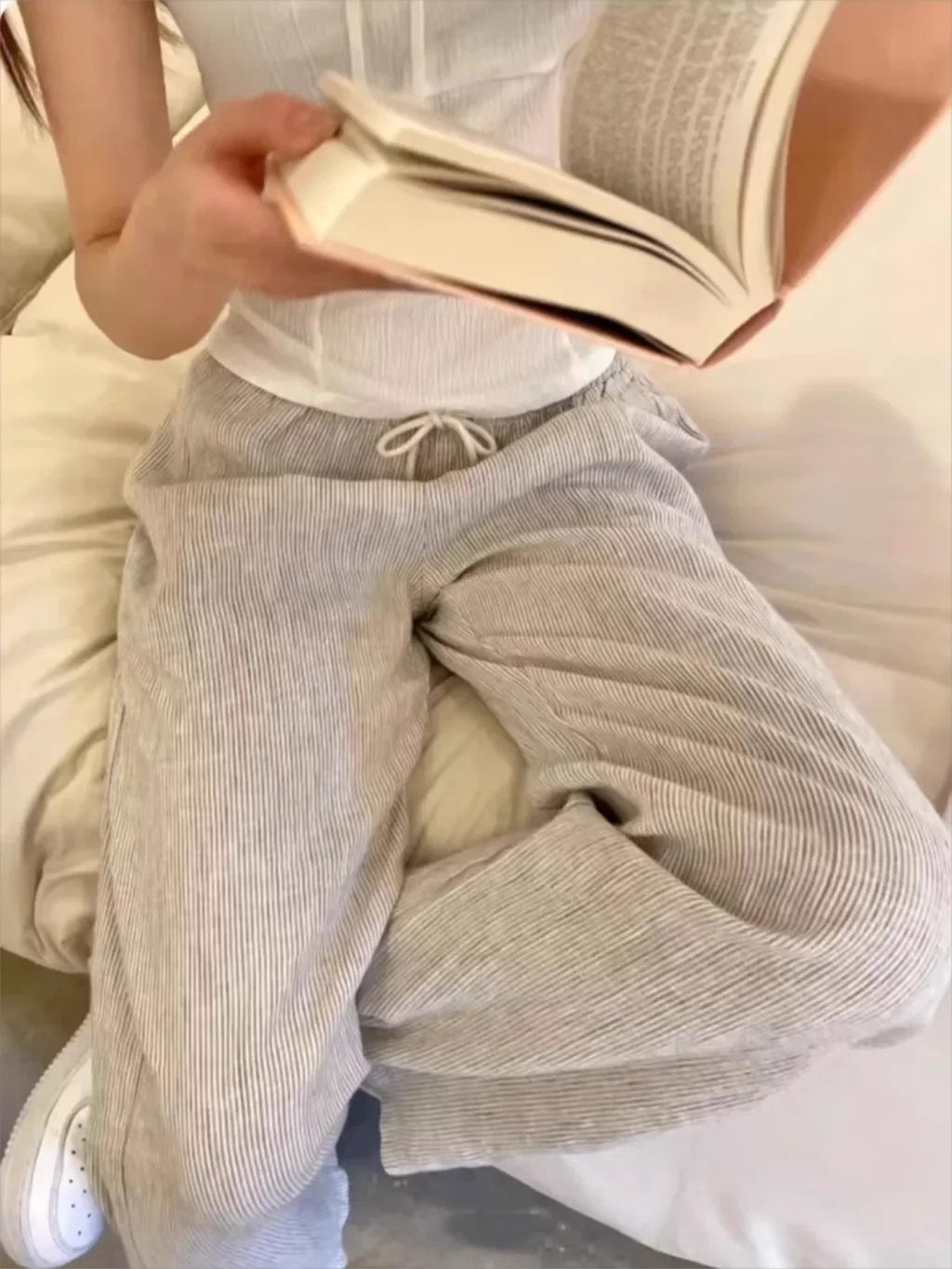 Blue Stripes Drawstring Long Pant Autumn High Waist Casual Loose Trouser Woman Streetwear Preppy Style Sweet Cute Straight Pants