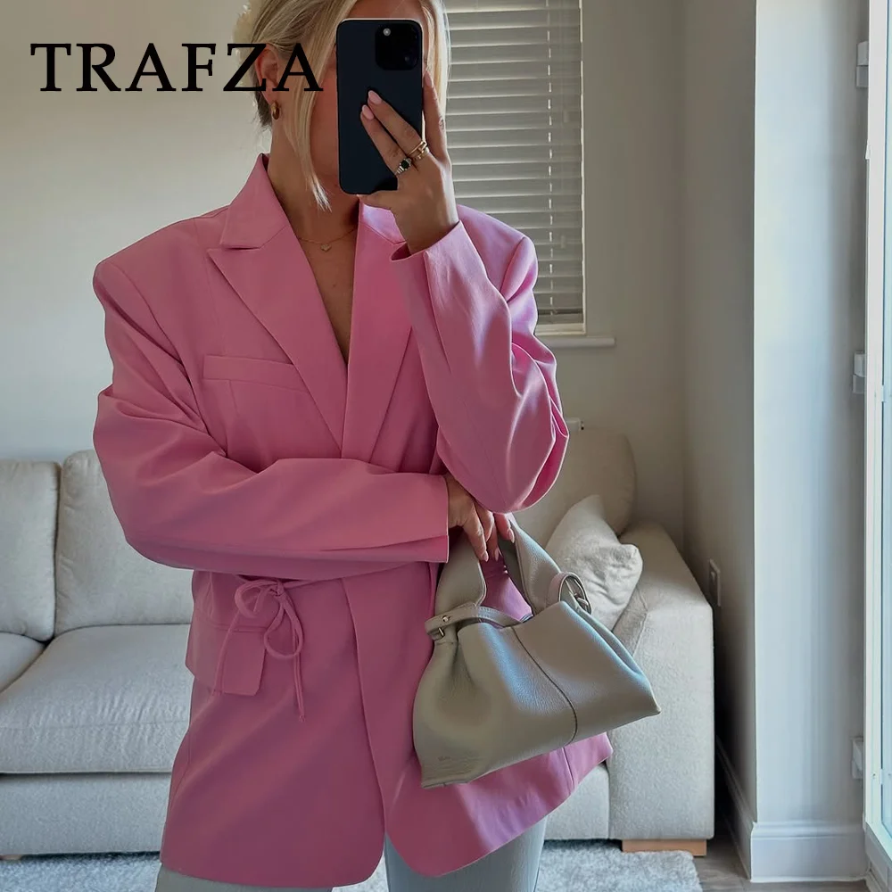 TRAFZA 2025 Spring Summer Office Lady Elegant Blazers Fashion Casual Solid Pink Lace Up Shrug Straight Chic Women Blazers