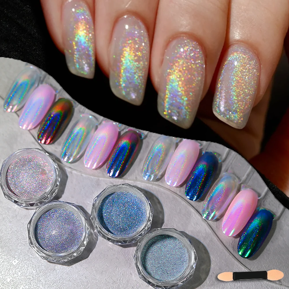 1bottle Rainbow Holographic Chrome Nail Powder Super Laser Shining Pearl Pigment Silver Rub Dust  Aurora Mermaid Nail Art Powder