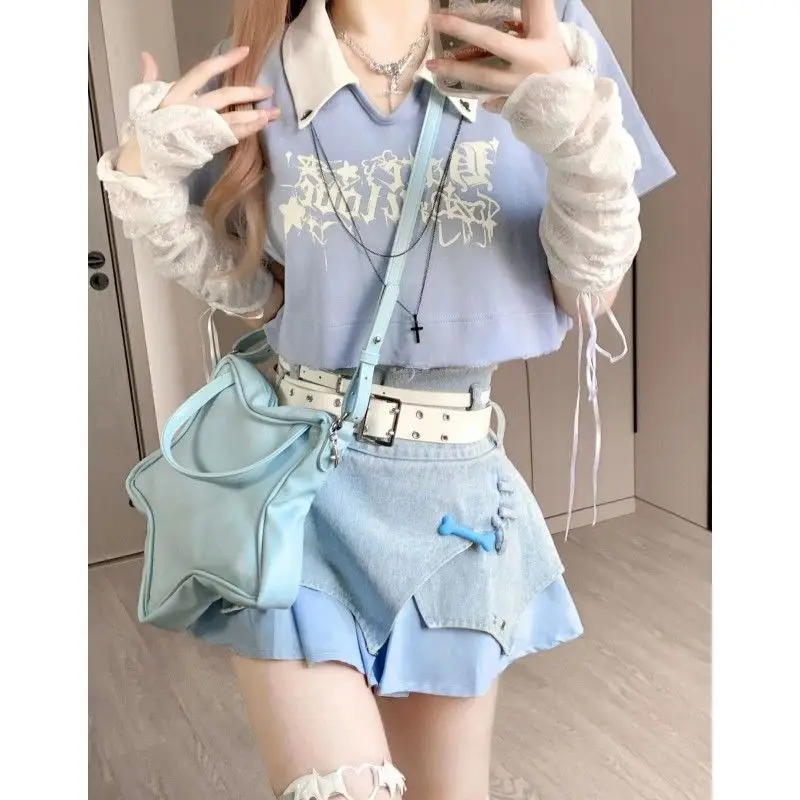 

Japanese Sweet and Spicy Girl Lolita Summer Patchwork with Contrasting Letters Lace V-neck Slim Fit Comfortable and Casual Suit