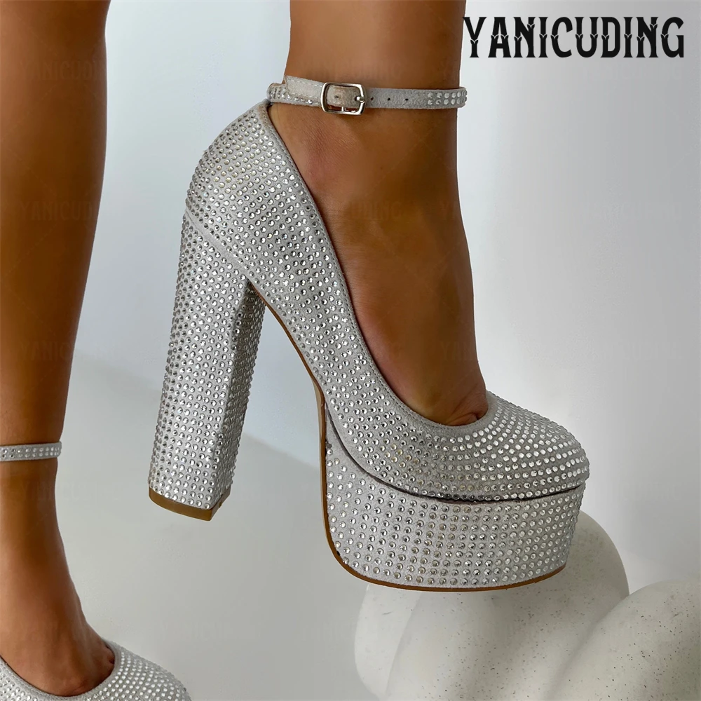 Full Rhinestones Platform Pumps Luxurious Crystal Buckle High Heels Round Toe Chunky Heel Handmade Pumps Shining Banquet Heels