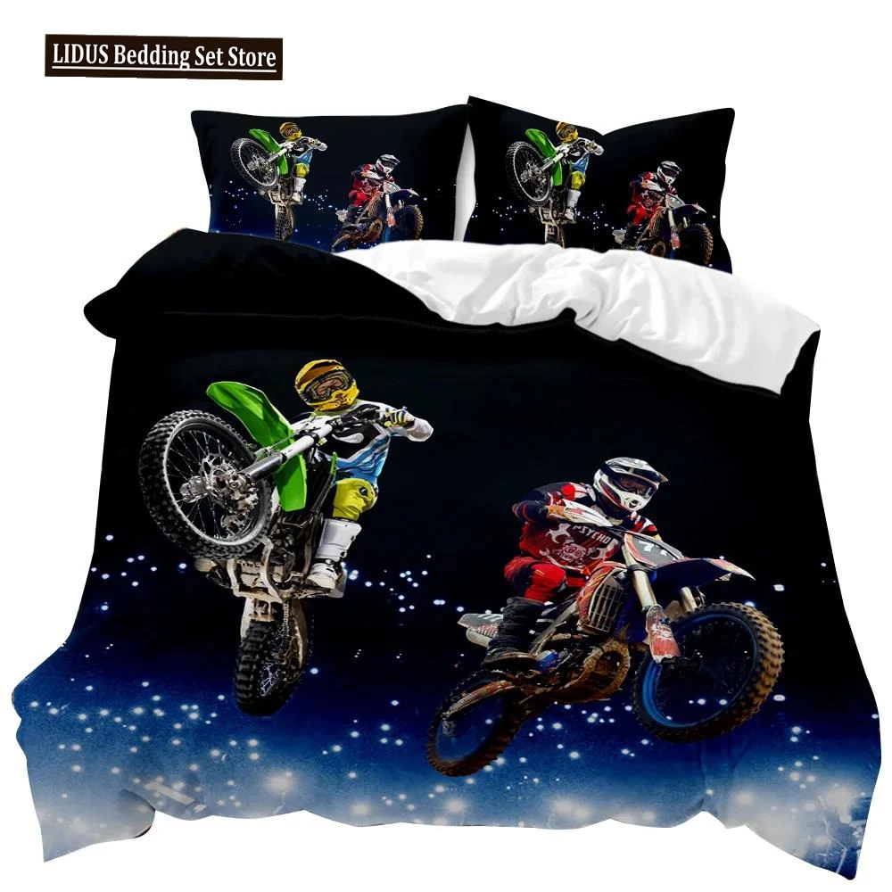 Motorcycle Duvet Cover Set Motocross Racing Bedding Dirt Bike Extreme Sports For Men Teens Boys Kids Polyester Comforter Cover