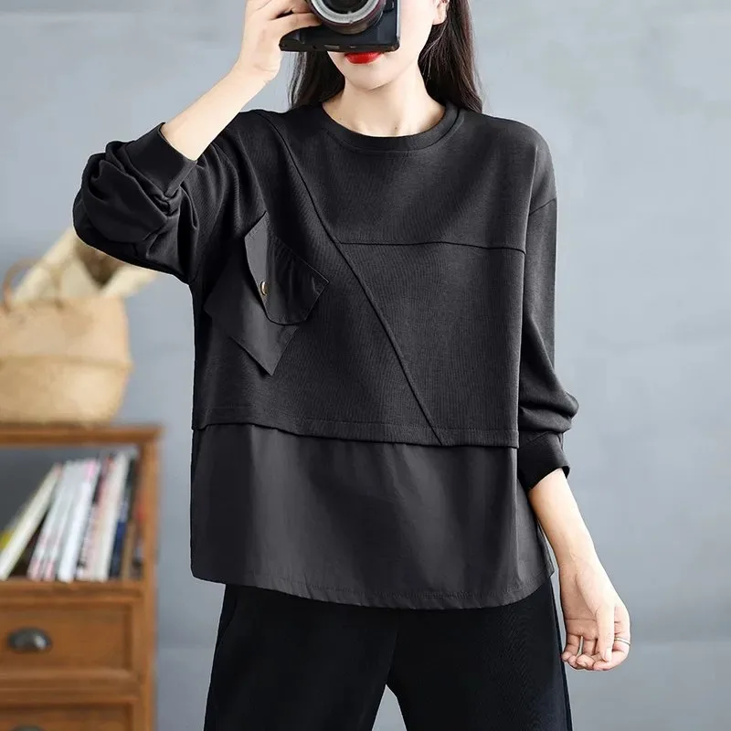 

Women's Spring Autumn Fake Two-Piece Color Block Sweatshirt with Big Pockets Loose Slimming Crew Neck Long Sleeve Top