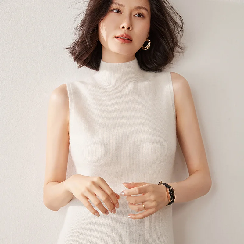 Women's 100% Cashmere Sleeveless Top Casual Solid Color Knitted Semi High Neck Base Blouse Thermal Jumper