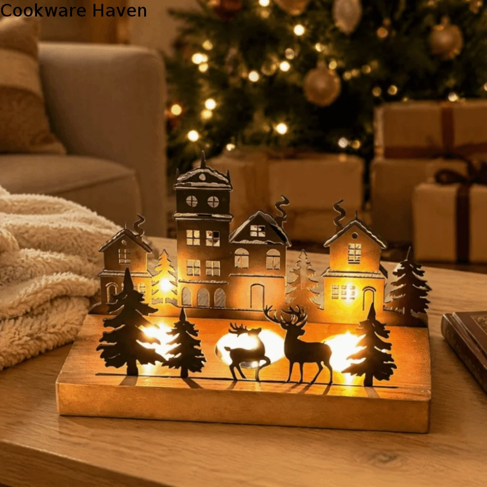 Vintage Christmas Desktop Candle Holder Detachable House Holiday Table Ornament Decorative Deer Christmas Tree Decoration