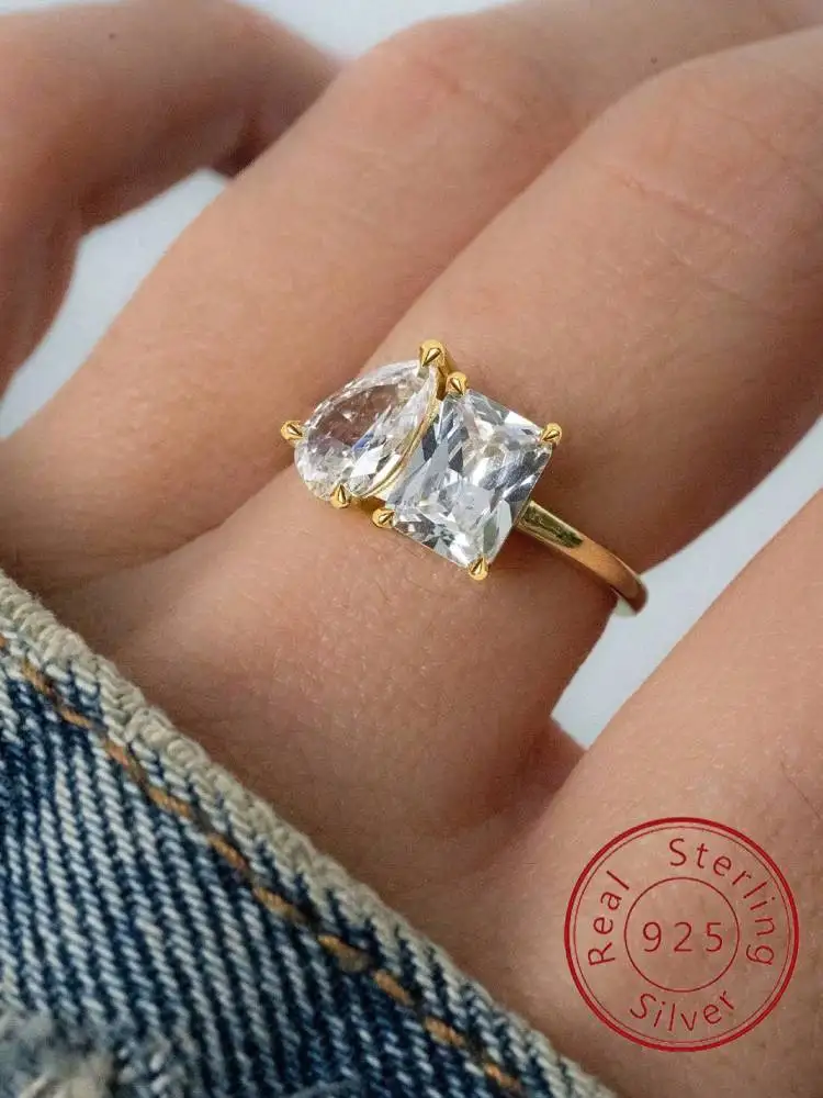 

925 Sterling Silver Classic Simple Water Drop Square Zircon Ring For Women Engagement Wedding Luxury High Quality Fine Jewelry