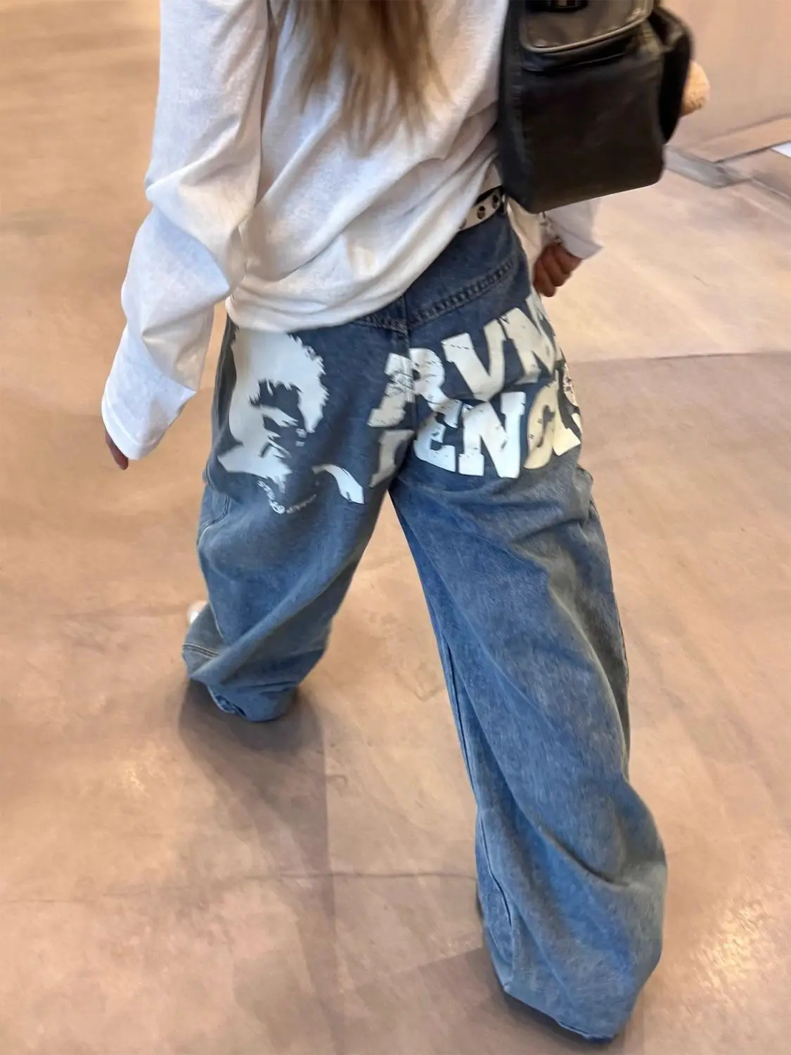 plus Size American Retro Letter Print Denim Pants Women's Design Sensation Autumn New Loose Slim Wide Leg Floor Length Pants