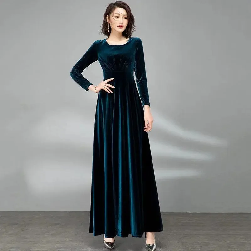 Noble Women's Clothing Lady's 2024 Autumn Gold Velvet Long-Sleeved Dress Waist Temperament Large Swing Long Dresses Women