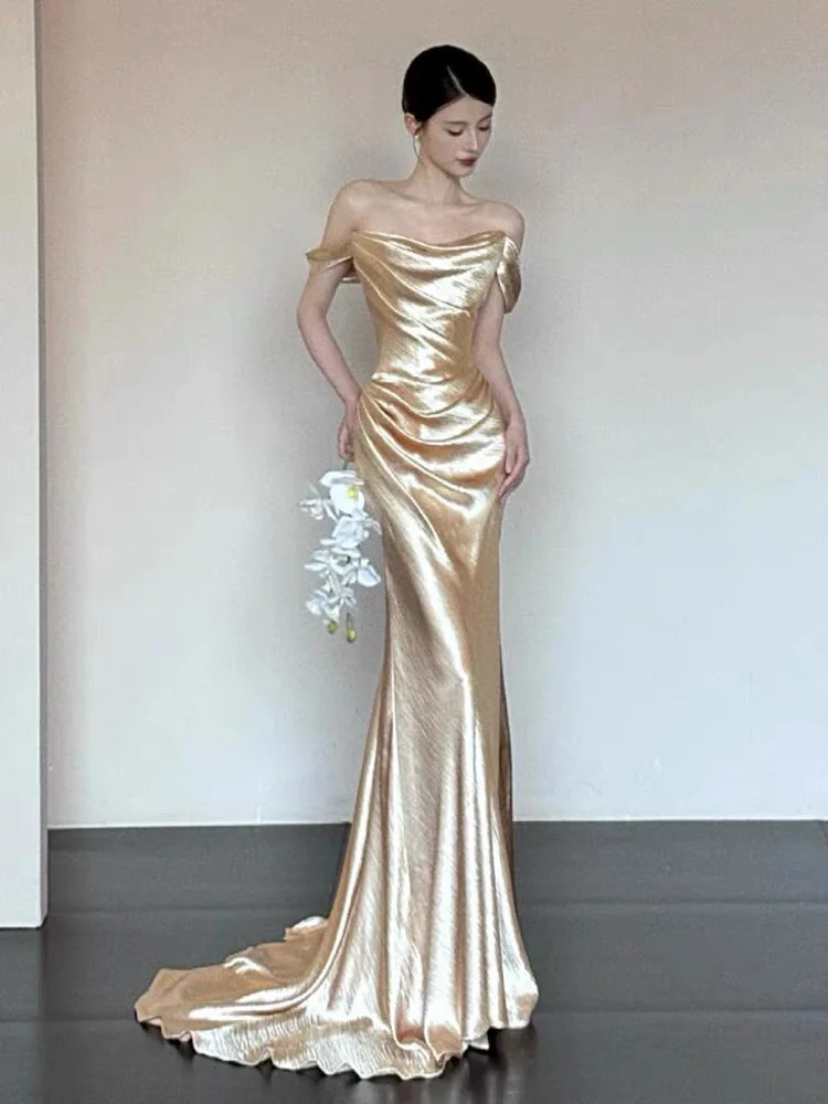 Ele Avondjurk met één schouder, trouwjurk met sleep voor verloving en ochtendhots, aanpasbaar lang Sve Floor L...