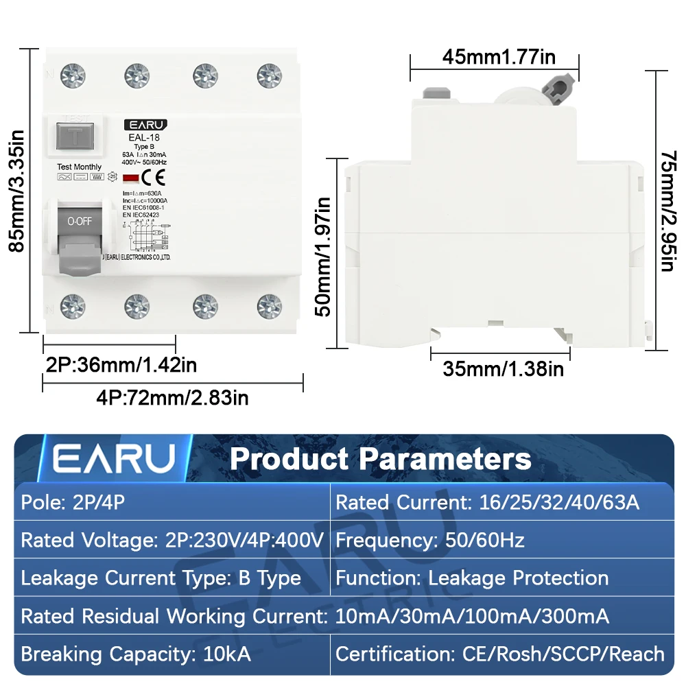 2P 4P 10/30/100/300mA Electric Vehicle EV Charging Pile Residual Current Breaker DC RCCB RCD Type B 6KA Din Rail Earth Leakage