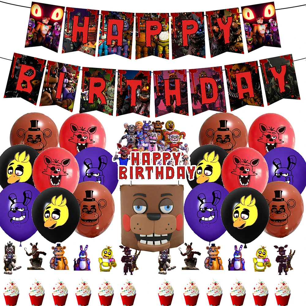 FNAF Scene setting props Five Nights at Freddy's party dinnerware Banner Topper Hanging Flag Cute Balloons Birthday Decoration