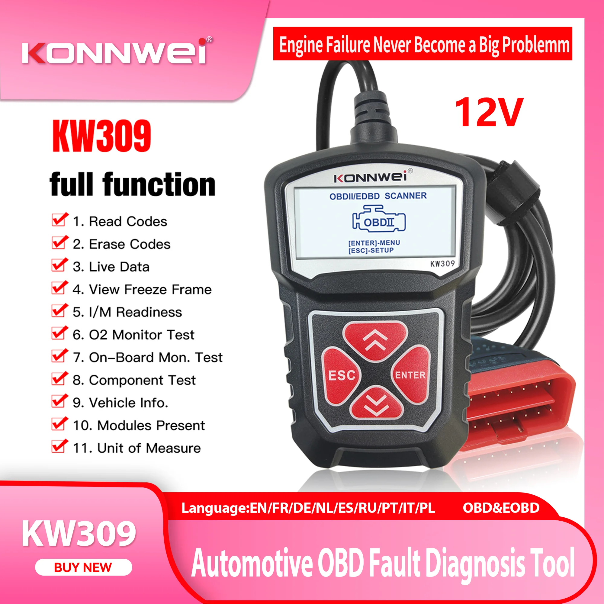 

2025New KONNWEI KW309 12V Car OBD2 Fault Diagnostic Tool Code Reader O2 Sensor Monitoring Test I/M Readiness Car OBDII Scan Tool