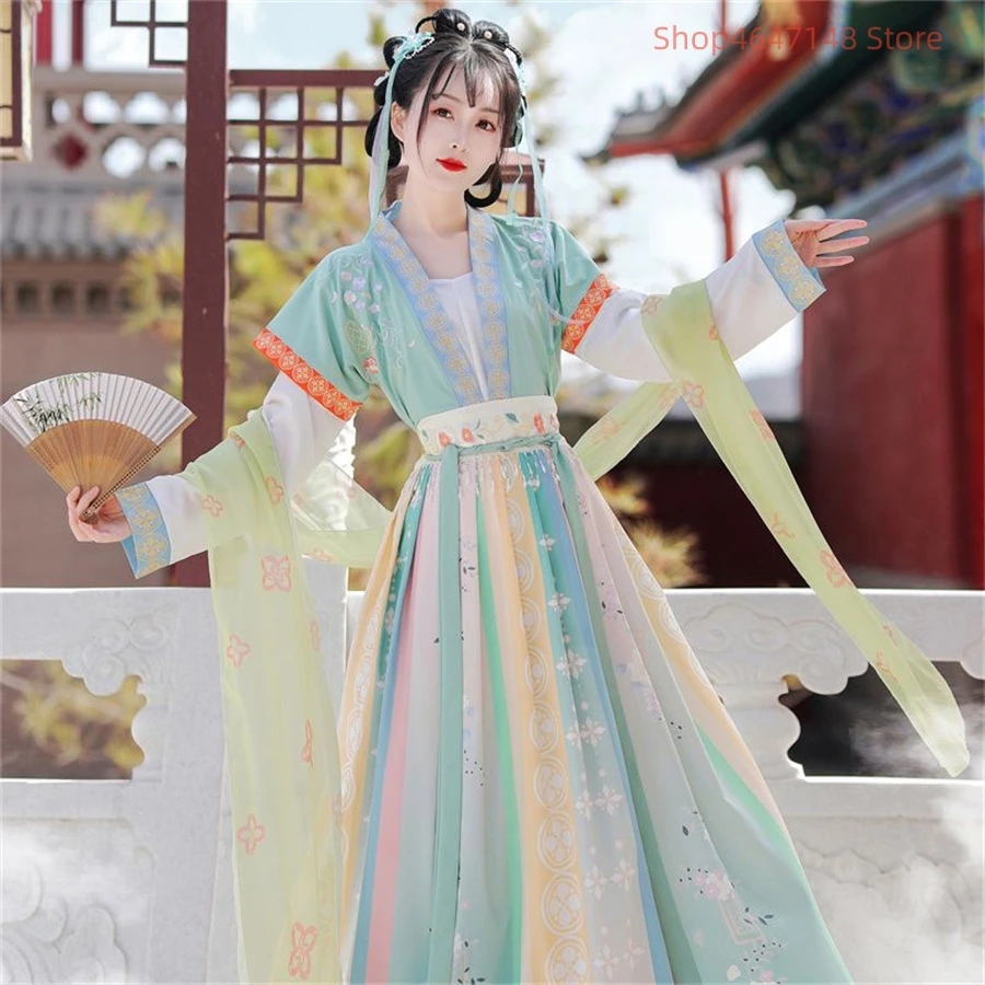 Chinese Style Women Oriental Vintage Hanfu Costumes Floral Embroidery Fairy Dresses Traditional Ancient Princess Daily Outfits