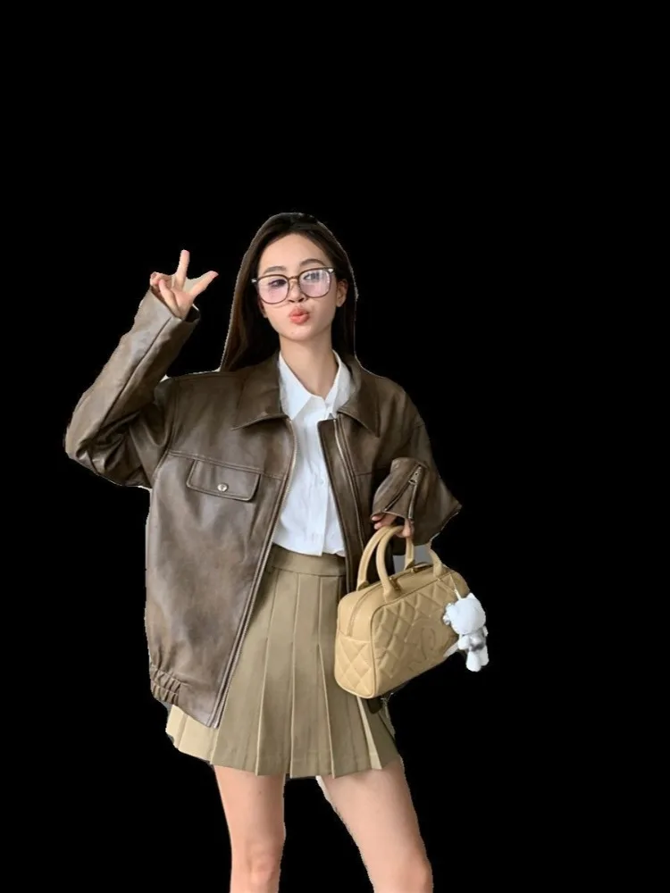 Marrom vintage zíper jaqueta de couro feminino causal estilo coreano jaqueta de couro feminino 2025 outono moda streetwear bolsos casaco