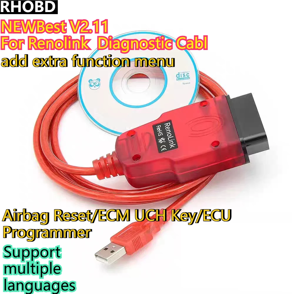 NEWBest V2.11 لـ Renolink Obd2 كابل تشخيص السيارة ECU مبرمج متعدد اللغات وسادة هوائية إعادة تعيين ECM UCH مفتاح الترميز أدوات السيارات