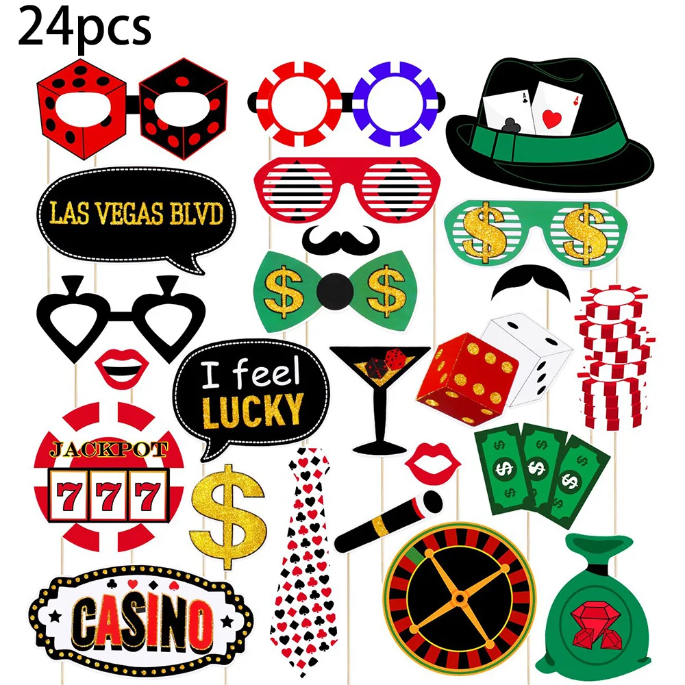 24Pcs Las Vegas Casino Night Birthday Party Decoration  Favors Photo Booth Props Funny DIY Poker Theme Selfie Props Kit