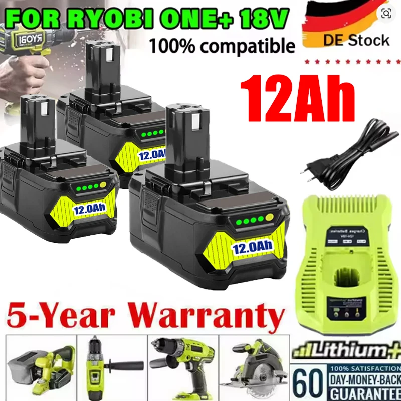 12Ah For RYOBI 18V Battery P108 18V One+ Plus Battery 18 Volt Lithium-Ion Power Tools P104 P107 RB18L50 RB18L20 P108