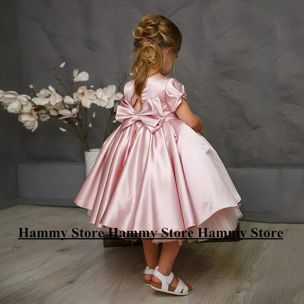 Abiti da festa di compleanno per bambina girocollo maniche corte perle Big Bow Puff Kids Pageant Gown abito a fiori in raso