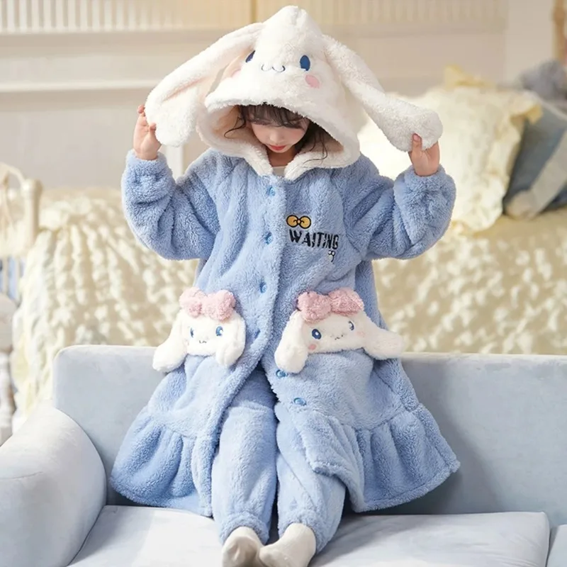 Autumn Winter Children's Plush Pajamas Robe Anime Sanrioed Cinnamoroll Melody Kuromi Kawaii Girl Cute Hooded Thicken Home Clothe