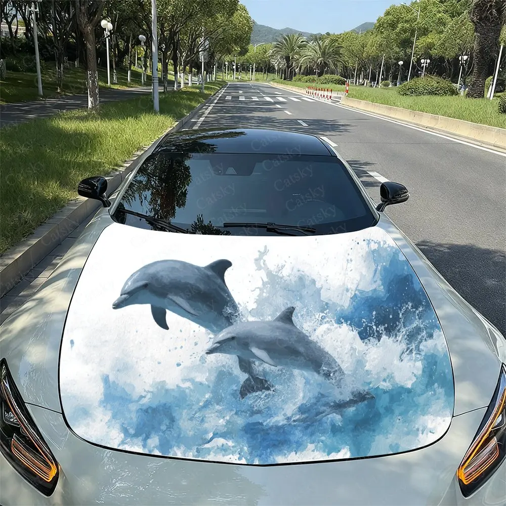 

Dolphin in Blue Waves Pattern PVC Car Hood Wraps, Self-Adhesive Waterproof Car Bonnet Decal Sticker, Car Decoration Protection S
