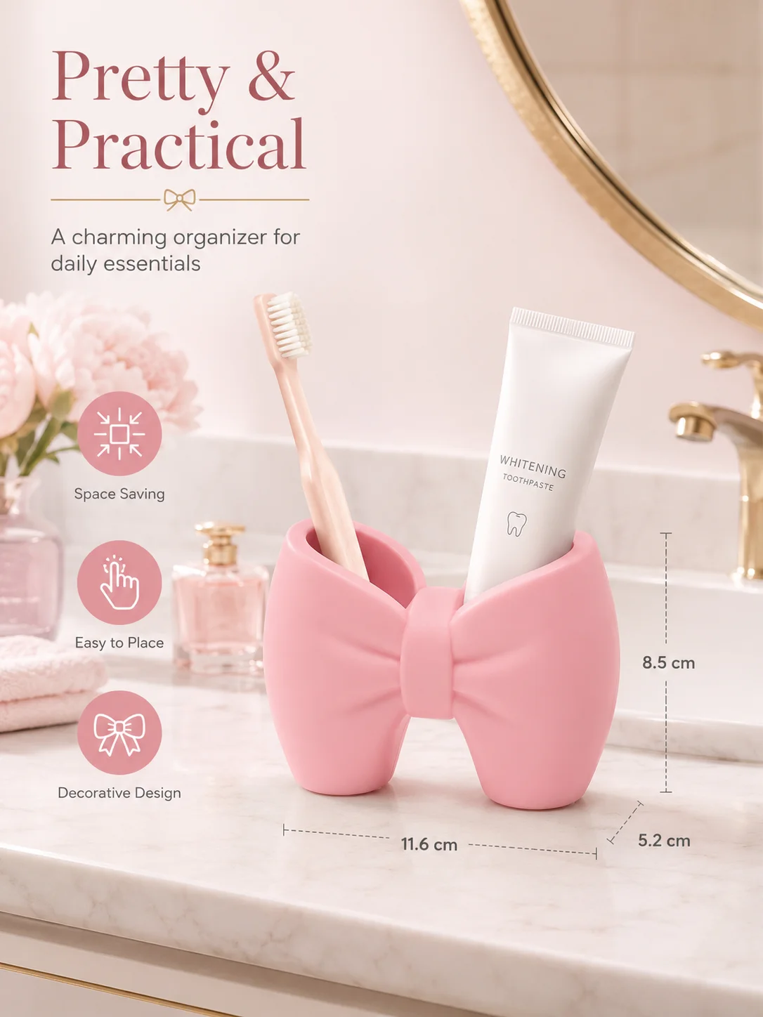3D Printed Bow Toothbrush Organizer, Bathroom Toothbrush Toothpaste Stand Rack, Vanity Storage Holder