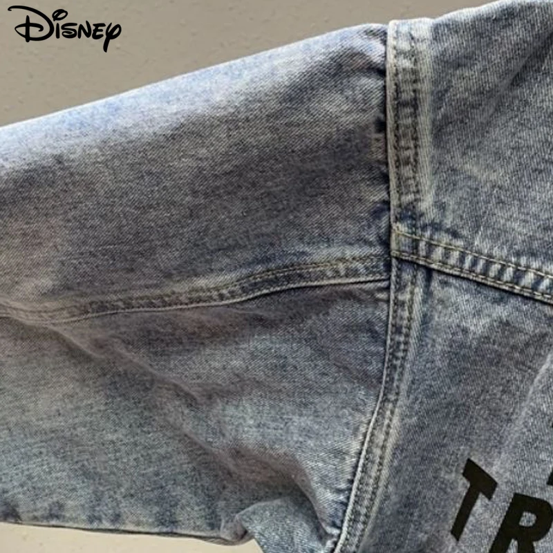 Disney New Arrival Top Fashion Autumn Cotton Loose Casual Cartoon Mickey Mouse Print Beaded Embroidery Destroy Wash Denim Jacket