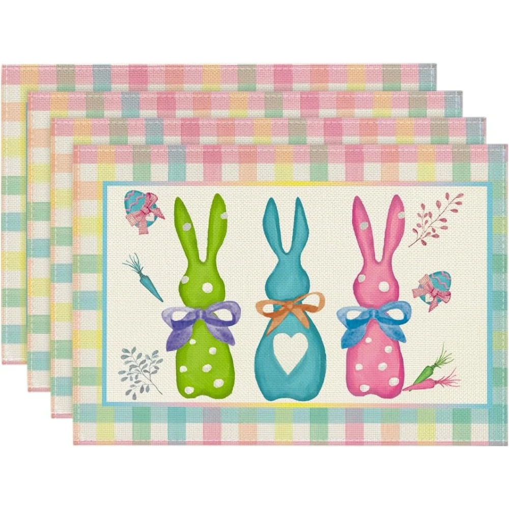 Easter Eggs Bunny Linen Placemats Party Decor Spring Colorful Rabbits Floral Buffalo Plaid Dining Table Mats Easter Decorations