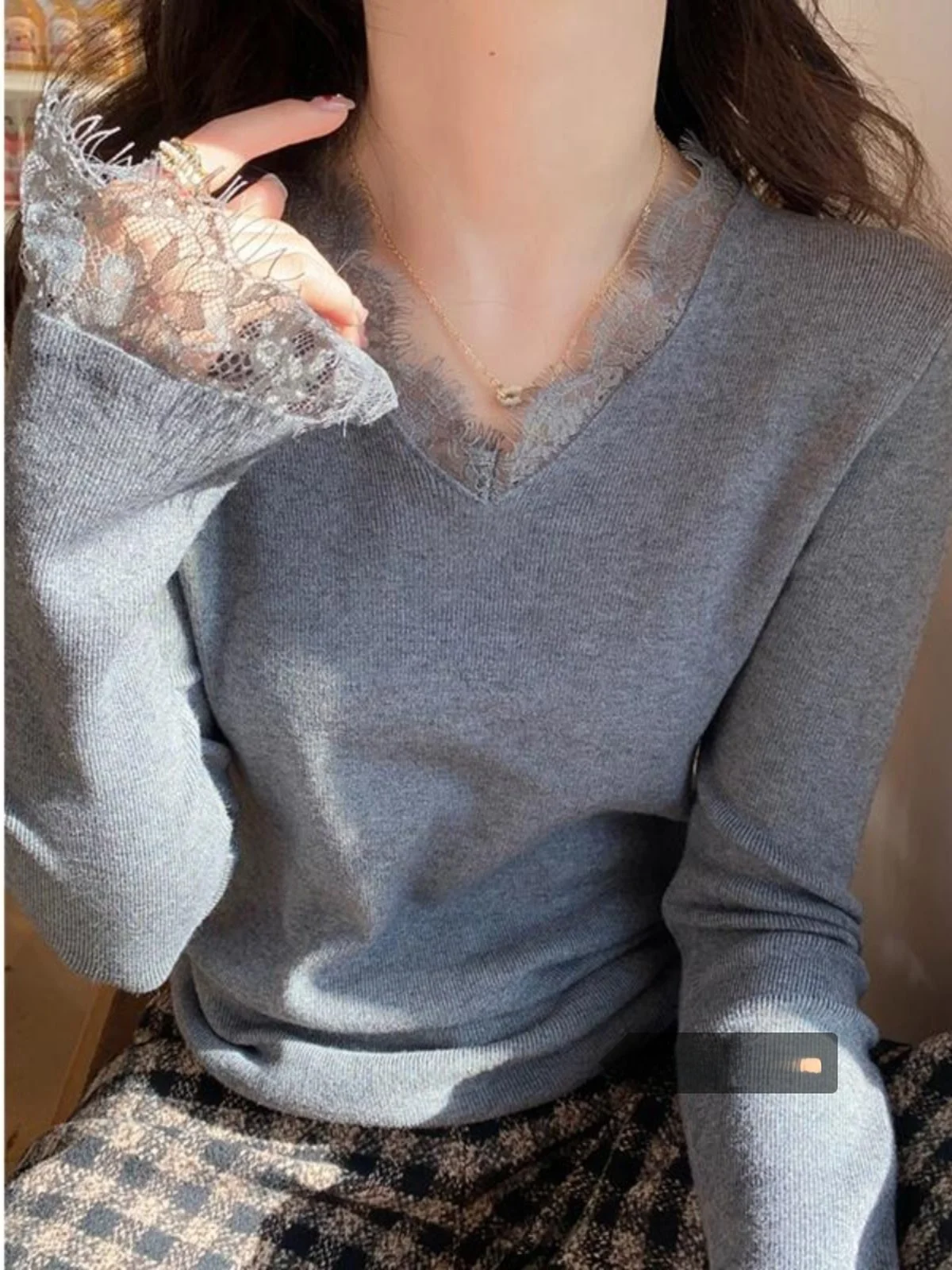 

ay V-Ne Lace Base irt Women's Inner Wear Winter New Slimming Long Sve Knitted Top Casual Sle Fitted Knitwear