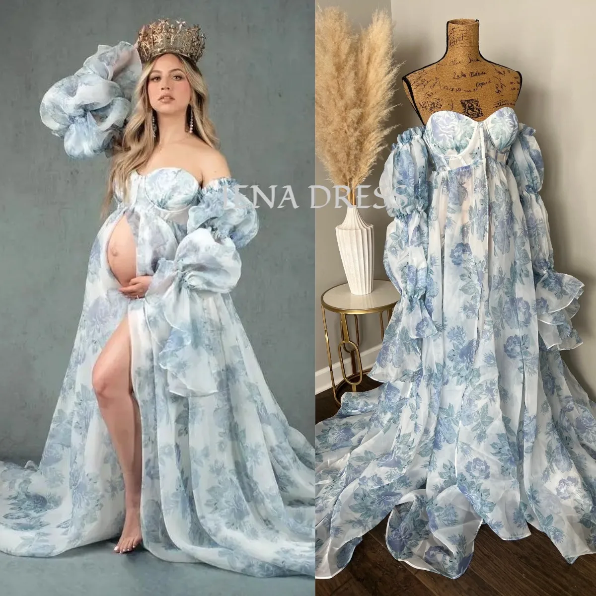 Vestido de maternidad con estampado de flores azules personalizado para sesión de fotos, vestido para Baby Shower, traje bonito de embarazo de