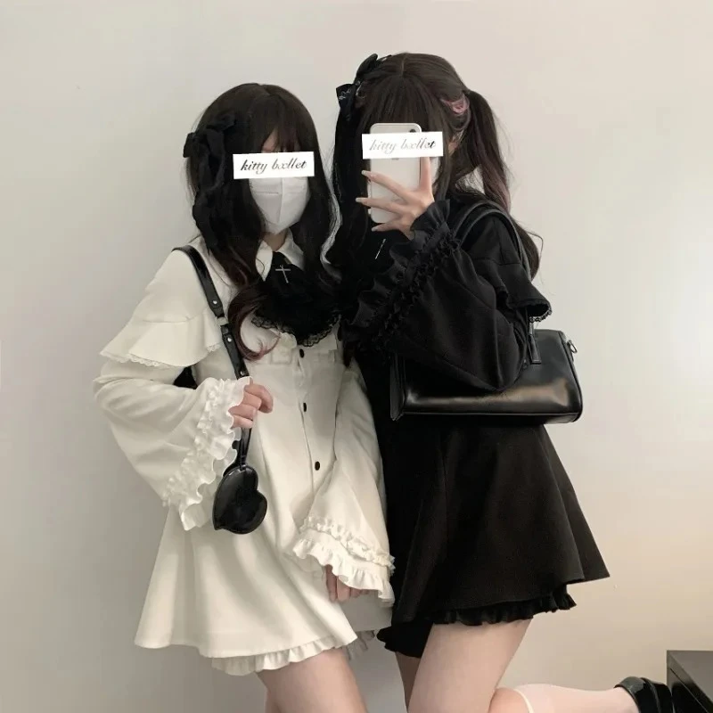 Frauen Japanische Y2K Ästhetik Vintage Bogen Kleid Shorts Set Gothic Lolita Stil Langarm Hemd Kleid Elegante Party Kleid Anzüge