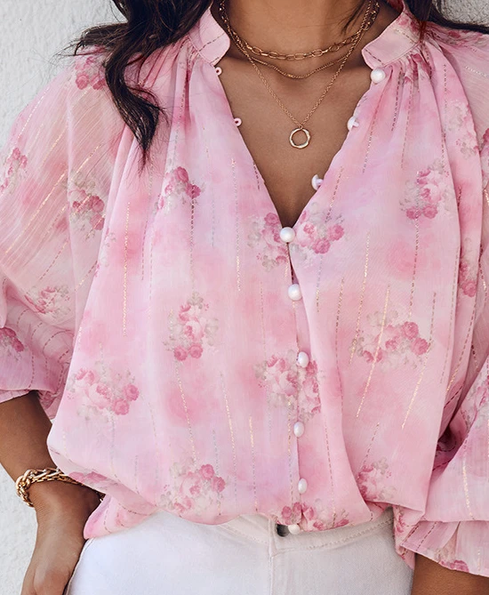 Women Floral Flower Silver Thread Jacquard Chiffon Stand Collar Blouse Shirt Top Long Sleeve