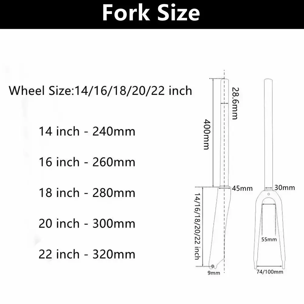 Fourche avant de vélo en fibre de carbone pour enfants, fourches élaborées, 14 pouces, 16 pouces, 18 pouces, 20 pouces, 22 pouces, largeur d'appellation 74mm, 100mm, pliable, BMX, route de montagne, VTT