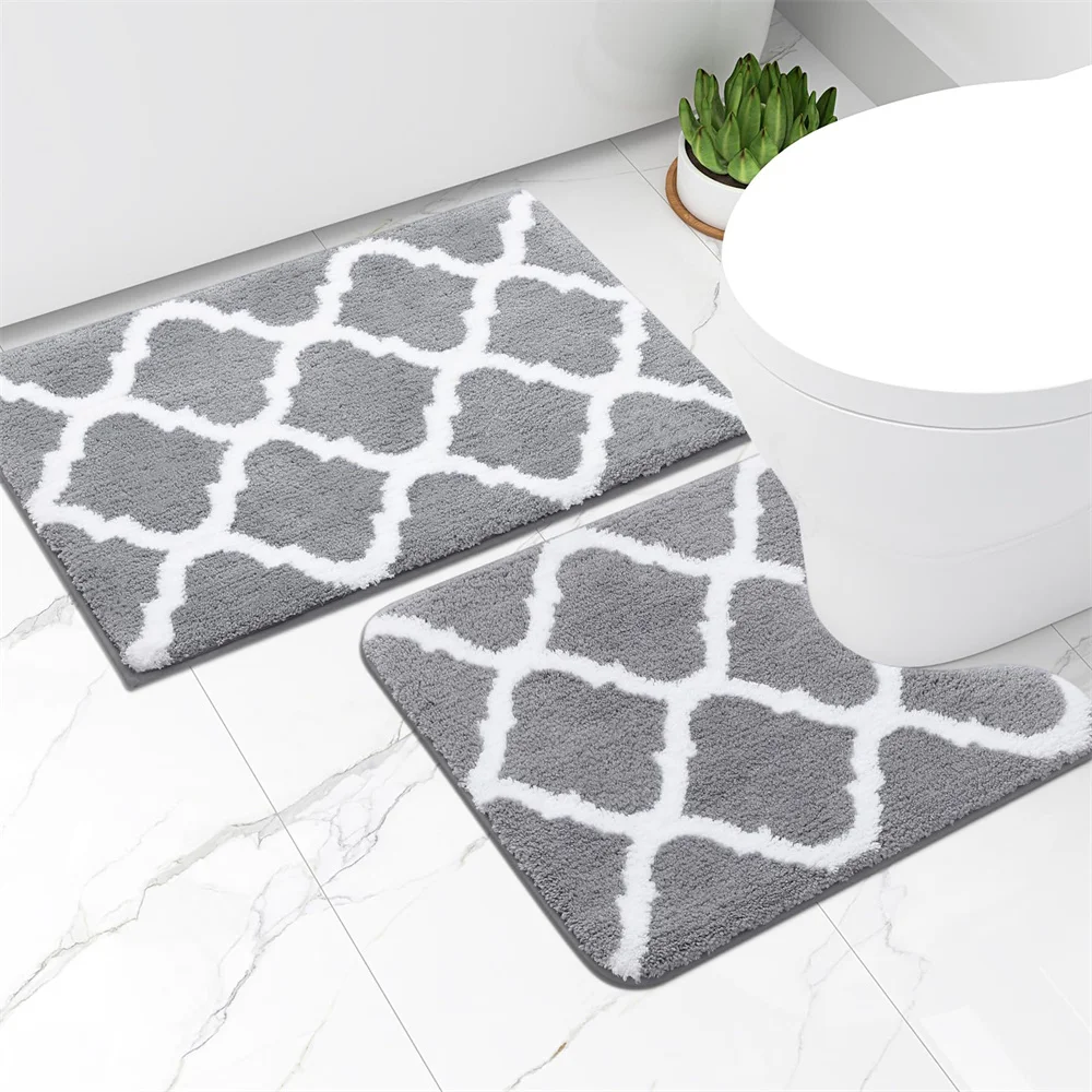 Olanly Bathroom Rugs Set 2 Pc Microfiber Bath Shower Mat U-Shaped Toilet Rug Machine Wash Dry Non Slip Absorbent Shaggy Bath Rug